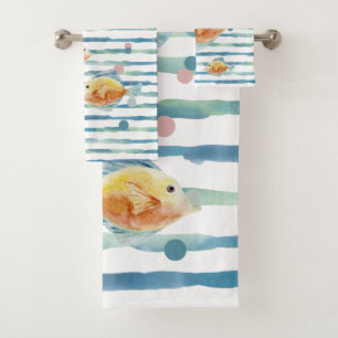 COASTAL BRIGHT WATERCOLOR TROPICAL FISH, BEACH BATH TOWEL SET