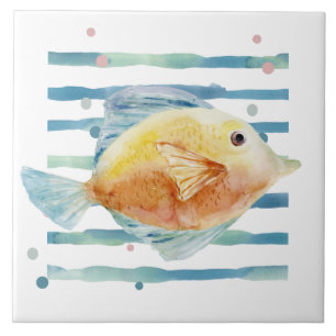 COASTAL BRIGHT WATERCOLOR TROPICAL FISH, BEACH CERAMIC TILE