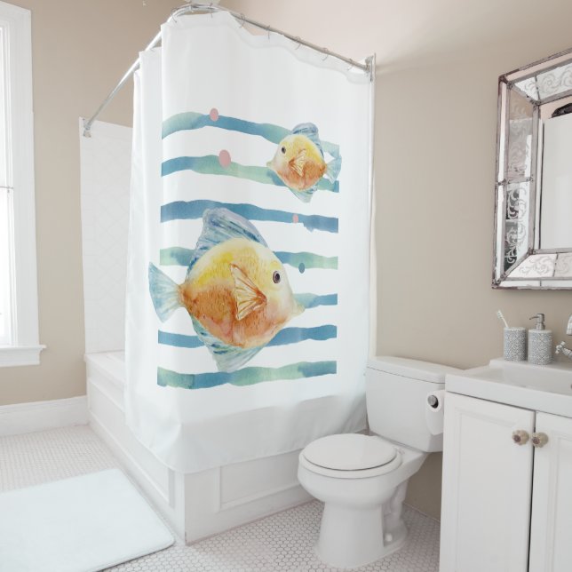 COASTAL BRIGHT WATERCOLOR TROPICAL FISH,  BEACH  SHOWER CURTAIN (In Situ)