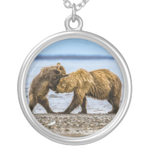 Coastal brown bears silver plated necklace