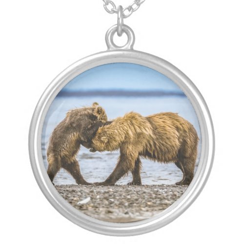 Coastal brown bears silver plated necklace