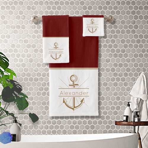 Coastal Burgundy Nautical  Bath Towel Set