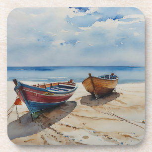 "Coastal Calm" A Restful Watercolour Boat Seascape Beverage Coaster