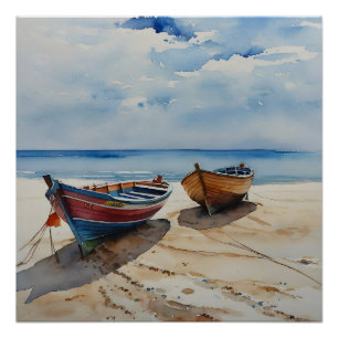 "Coastal Calm" A Restful Watercolour Boat Seascape Poster