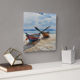 "Coastal Calm" A Restful Watercolour Boat Seascape Square Wall Clock