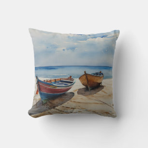 "Coastal Calm" A Restful Watercolour Boat Seascape Throw Pillow