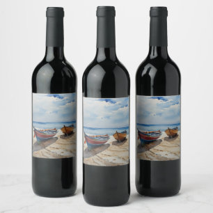 "Coastal Calm" A Restful Watercolour Boat Seascape Wine Label