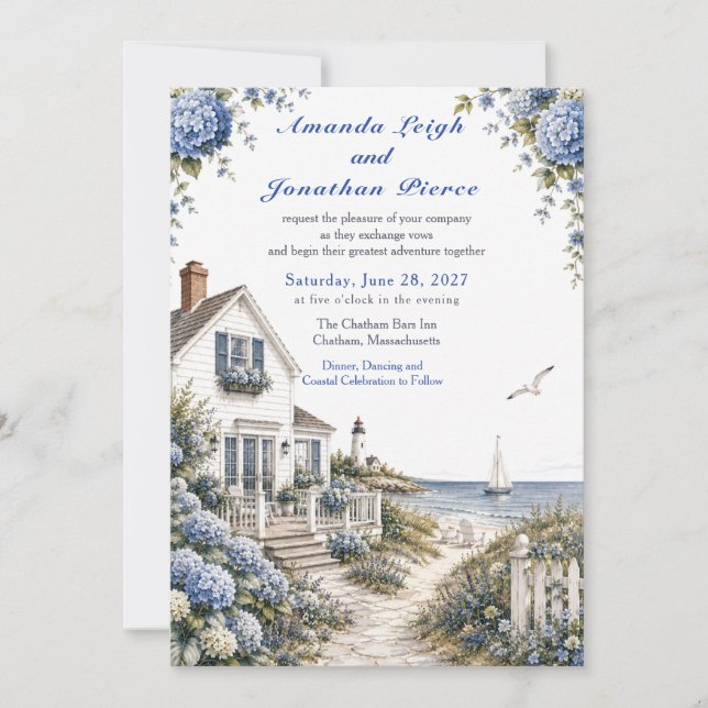 Coastal Cape Cod Hydrangea Cottage Wedding  Invitation (Front)