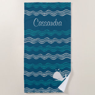 Coastal Cartoon Whale Ocean Blue and waves Beach T Towel