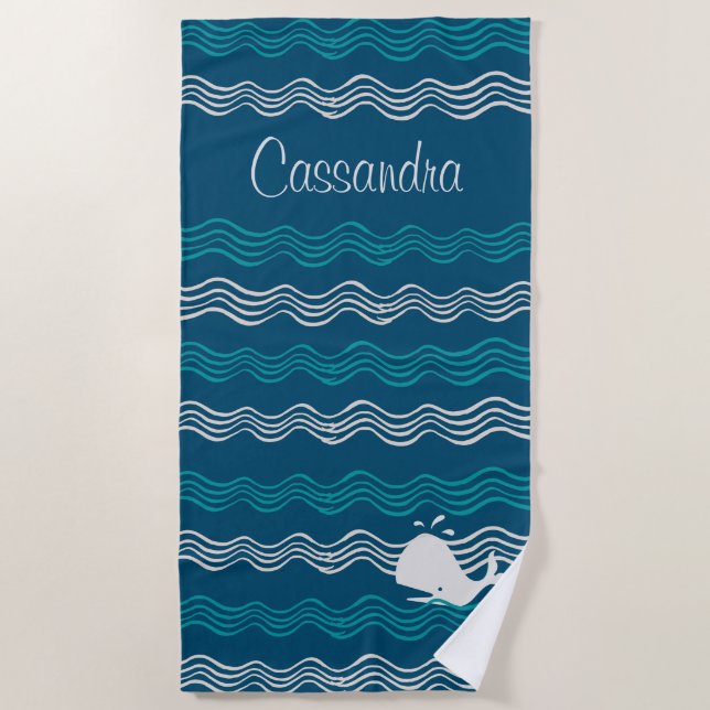 Coastal Cartoon Whale Ocean Blue and waves Beach T Towel (Front)