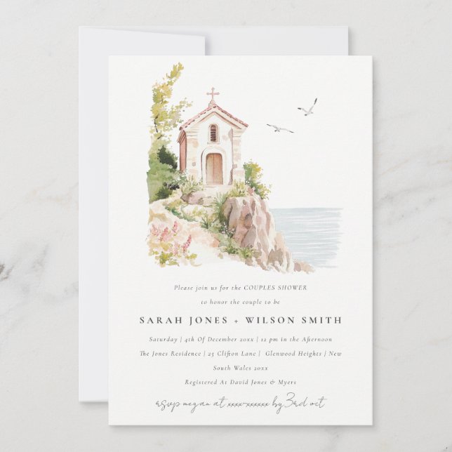 Coastal Catholic Watercolor Church Couples Shower Invitation (Front)