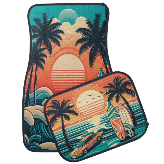 Coastal Charm Cruise - Retro Sunset Beach Vibes Car Floor Mat (Set)