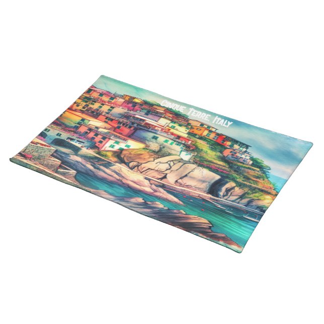 Coastal Charm Italy Cinque Terre Watercolor | Cloth Placemat (On Table)