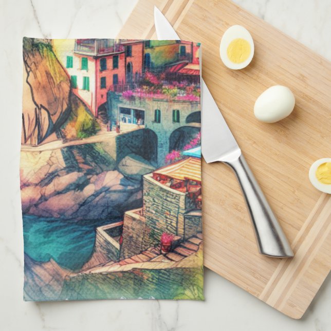 Coastal Charm Italy Cinque Terre Watercolor | Kitchen Towel (Quarter Fold)
