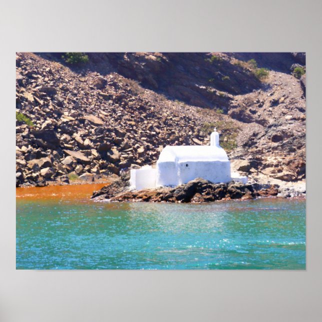 Coastal Charm: Santorini, Greece's Secluded Chapel Poster (Front)