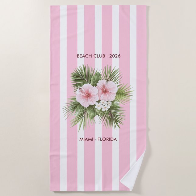Coastal Chic Beach Club Pink Stripe Tropical Beach Towel (Front)