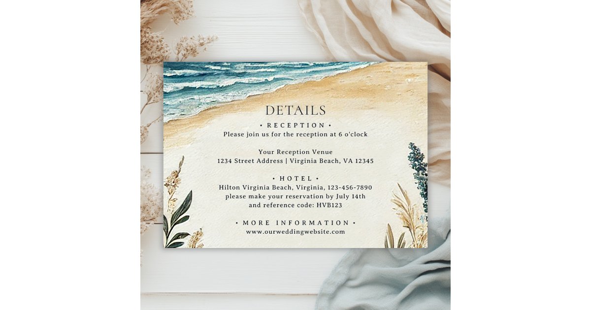 Coastal Chic Beach Watercolor Wedding Details Enclosure Card | Zazzle