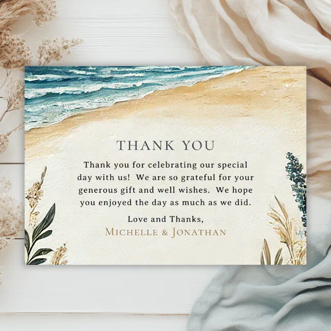 Coastal Chic Beach Watercolor Wedding Thank You Card | Zazzle