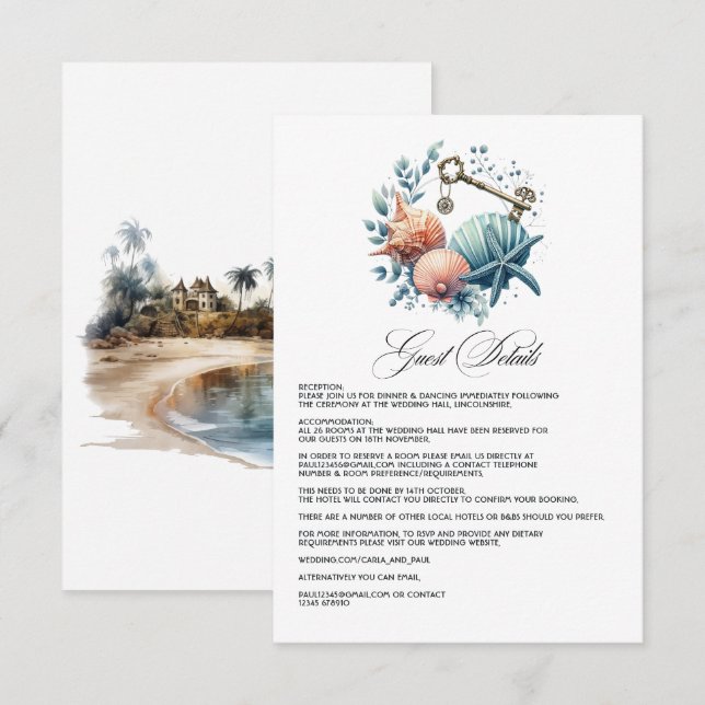 Coastal Chic Beach Wedding Guest Details Enclosure Card (Front/Back)