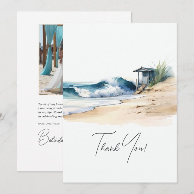 Coastal Chic Beach Wedding Photo Thank You Card (Front/Back)
