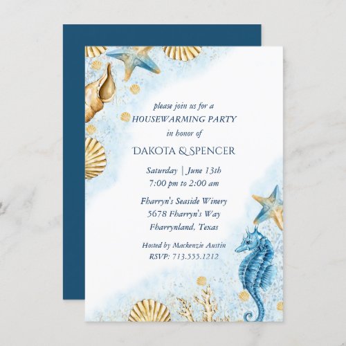 Coastal Chic  Blue and Gold Housewarming Party Invitation