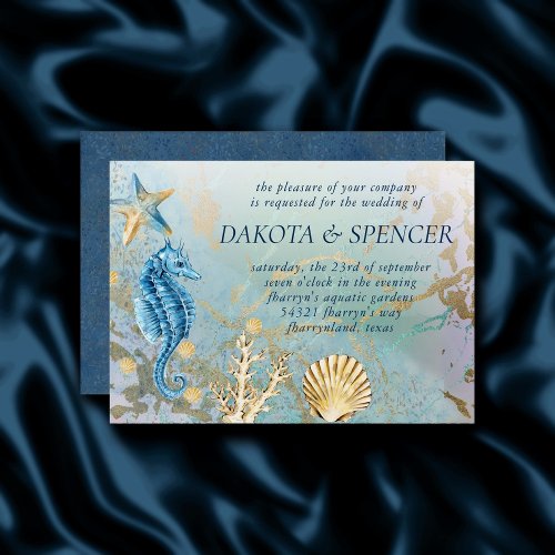 Coastal Chic  Blue and Gold Marble Coral Reef Invitation