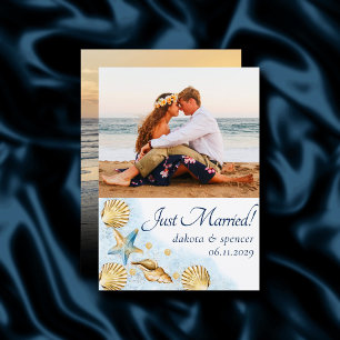 Coastal Chic Blue Gold Coral Reef Photo Wedding Announcement