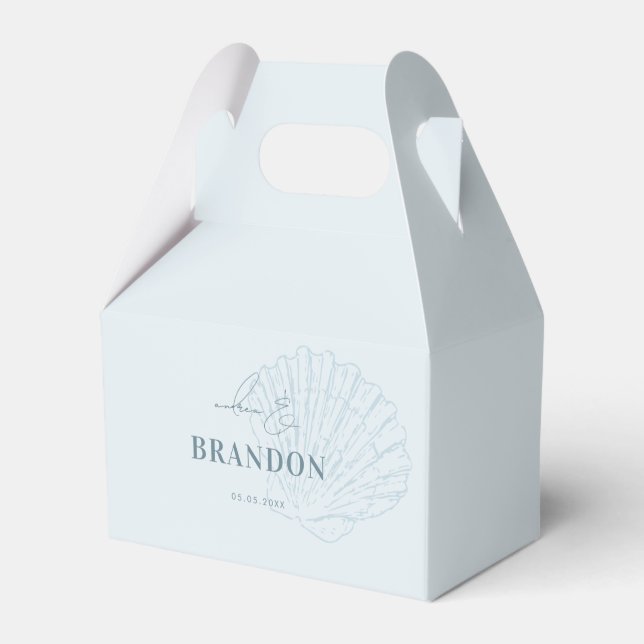 Coastal Chic Blue Nautical Seashell Names Wedding Favor Boxes (Front Side)
