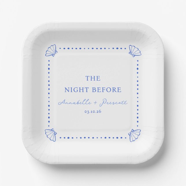 Coastal Chic Blue Personalized Rehearsal Dinner Paper Plates (Front)