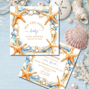 Coastal chic Blue Sea You Soon Baby Invitation
