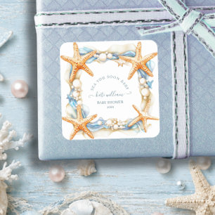 Coastal chic blue sea you soon Baby Shower Square Sticker
