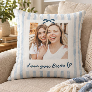 Coastal Chic Blue Stripe Ribbon Photo Bestie Throw Pillow