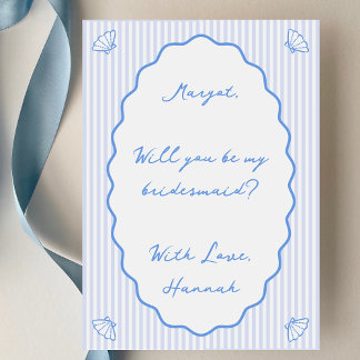 Coastal Chic Blue Striped Cute Bridesmaid Proposal Card