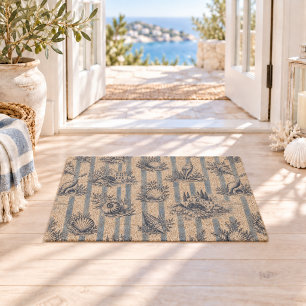 Coastal Chic Blue Stripes Seashells Toile de Jouy Fiber Doormat