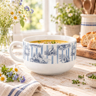 Coastal Chic Blue Stripes Seashells Toile de Jouy Soup Mug