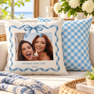 Coastal Chic Blue Watercolor Ribbon Bow 2 Photo Throw Pillow