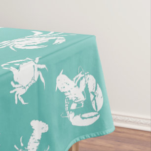 Coastal Chic Blue White Crab and Lobster Pattern Tablecloth
