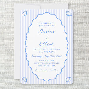 Coastal Chic Blue & White Striped Wavy Wedding Invitation