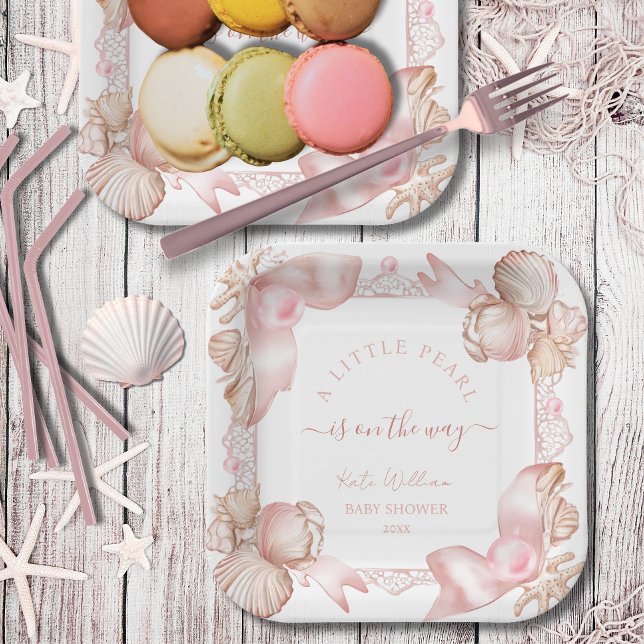 Coastal chic blush pink pearl Baby Shower Paper Plates (Creator Uploaded)