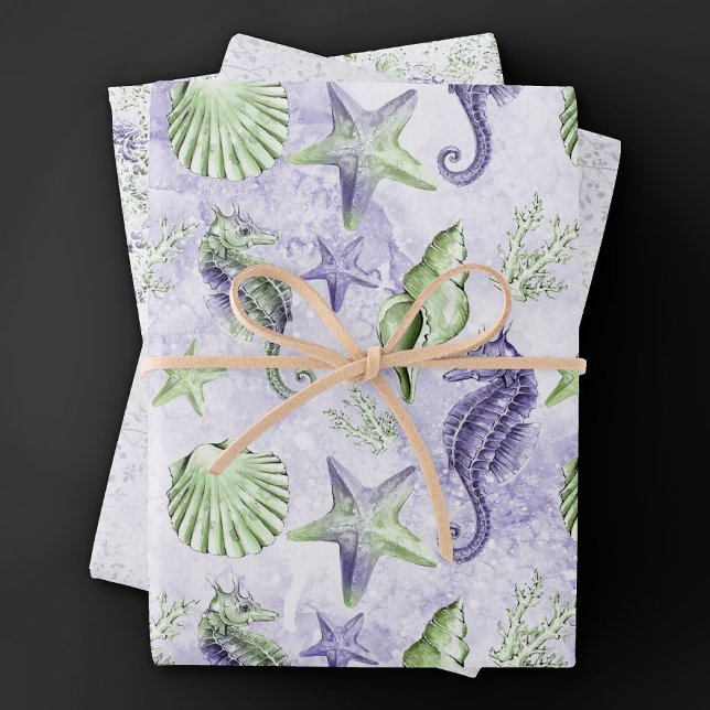 Coastal Chic | Cute Purple and Green Under the Sea Wrapping Paper Sheets (Creator Uploaded)