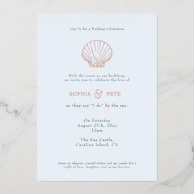 Coastal Chic Foil Wedding Invite Blue (Front)