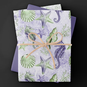 Coastal Chic Fun Purple and Green Under the Sea Wrapping Paper Sheets