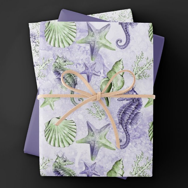 Coastal Chic | Fun Purple and Green Under the Sea Wrapping Paper Sheets (Creator Uploaded)