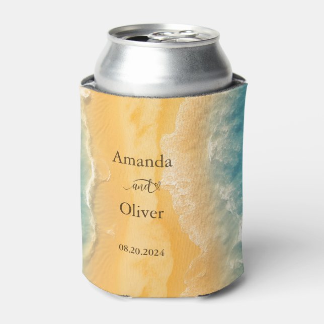 Coastal Chic Golden Sand Turquoise Water Wedding Can Cooler (Can Front)