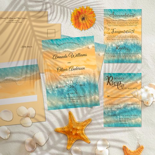 Coastal Chic Golden Sand Turquoise Water Wedding Invitation