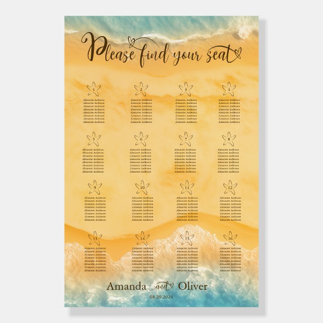 Coastal Chic Golden Sand Turquoise Wedding seating Foam Board (Front)