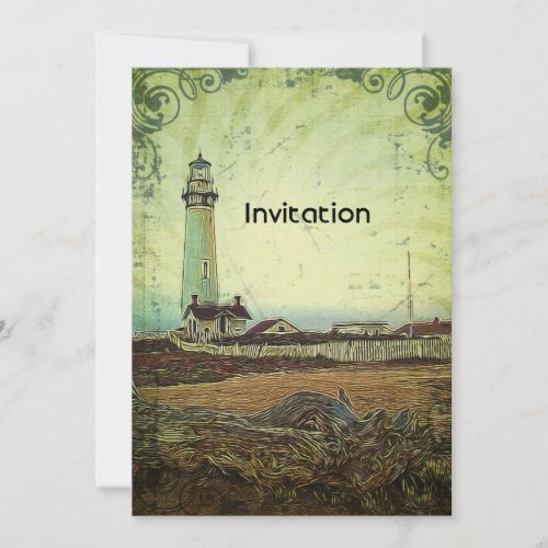 Coastal chic impressionism landscape lighthouse invitation