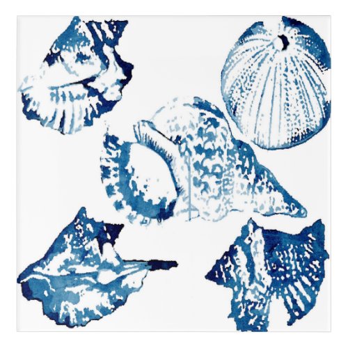 coastal chic indigo blue ocean watercolor seashell acrylic print