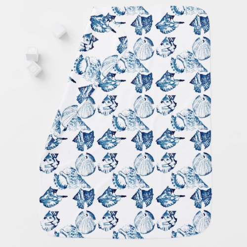 coastal chic indigo blue ocean watercolor seashell baby blanket