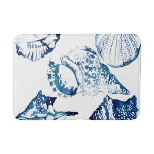 coastal chic indigo blue ocean watercolor seashell bath mat